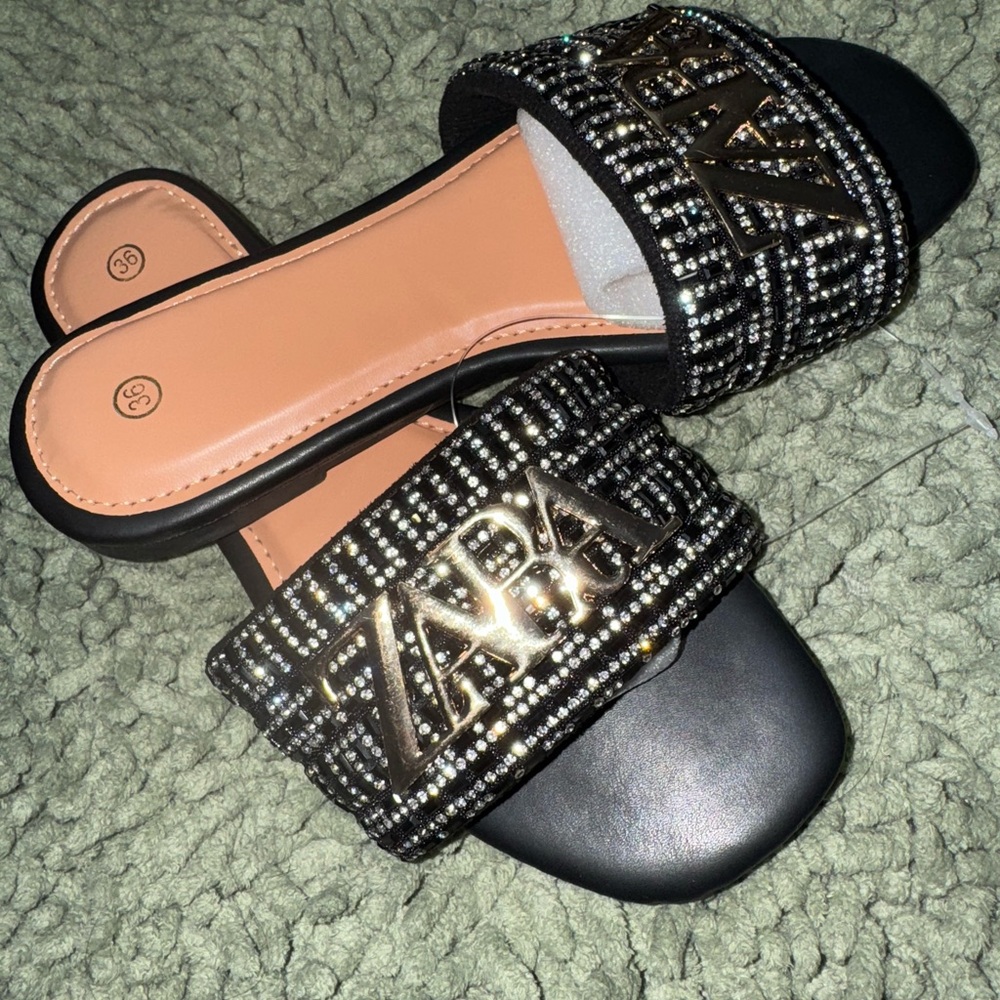 Zara Black and Gold Beaded Sandals